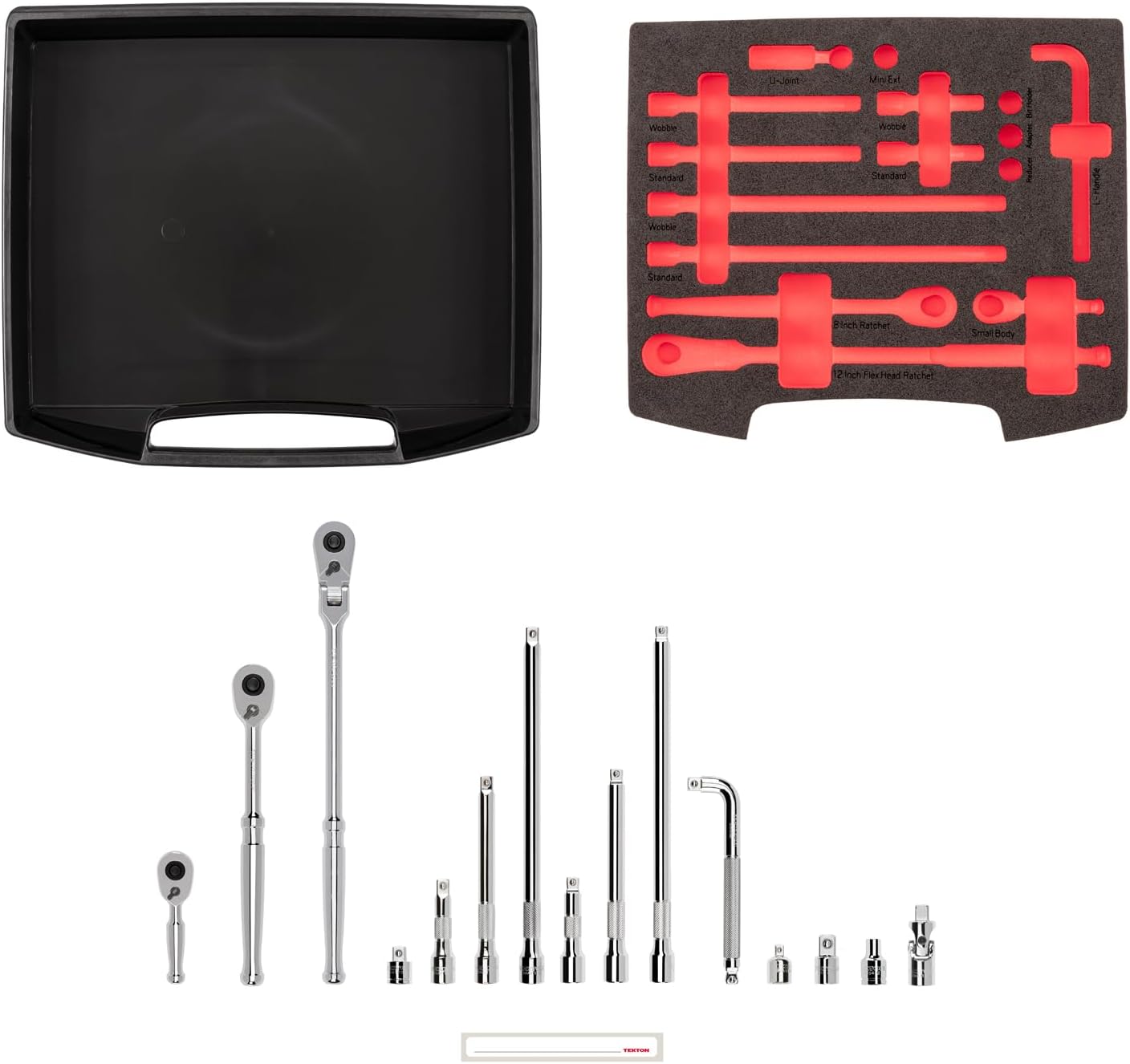 TEKTON 3/8 Inch Drive Ratchet and Accessories Set with Open Top Drawer and Rack (15-Piece) | SKT96401