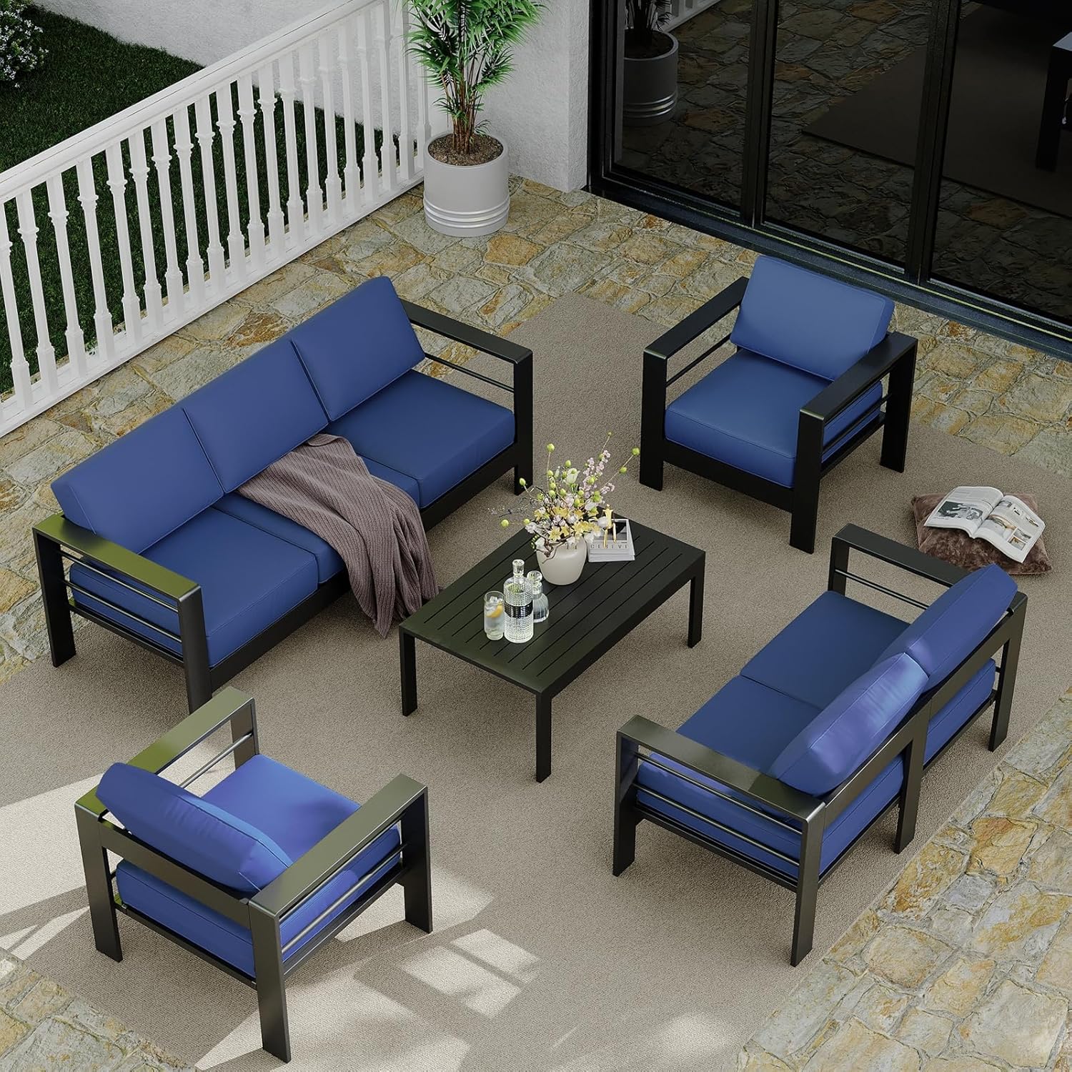 Garvee Aluminum Patio Furniture Set 7 Seats with Coffee Table, Outdoor Sectional Patio Set with Washable Thick Cushions, Patio Conversation Sets for Porch, Pool Side, Deck - Blue