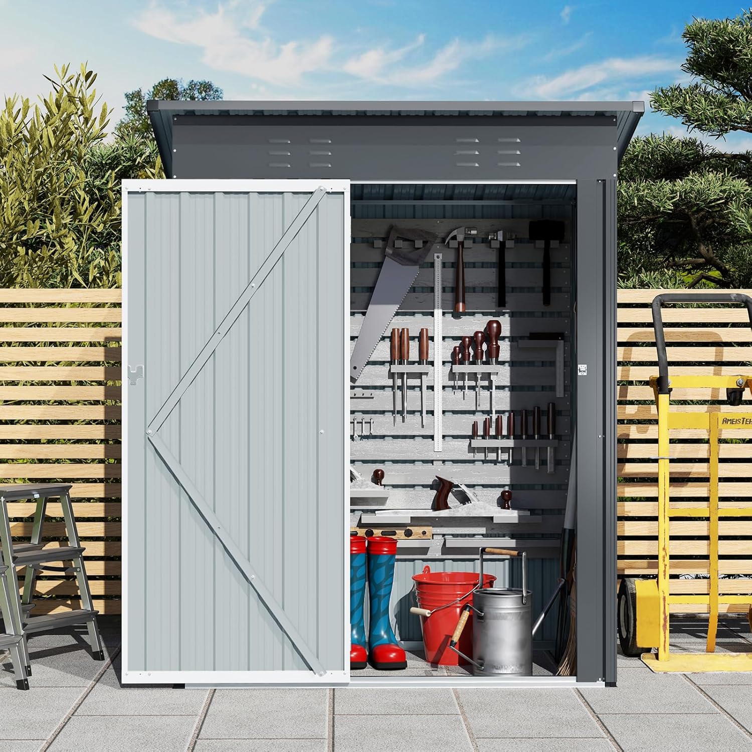 Outdoor Storage Shed, 5 x 3 FT Steel Utility Tool Shed with Tilted Roof, Lockable Doors & Air Vents, Galvanized Garbage Shed for Patio, Lawn & Backyard