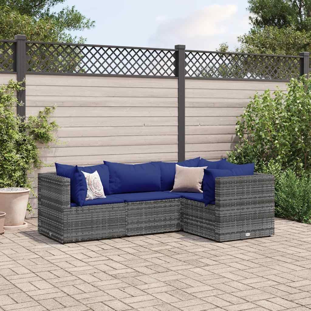 Gray PE Rattan Patio Lounge Set, Modular Outdoor Furniture for Garden, Balcony, 4 Person Seating, Powder-Coated Steel Frame, Weather Resistant