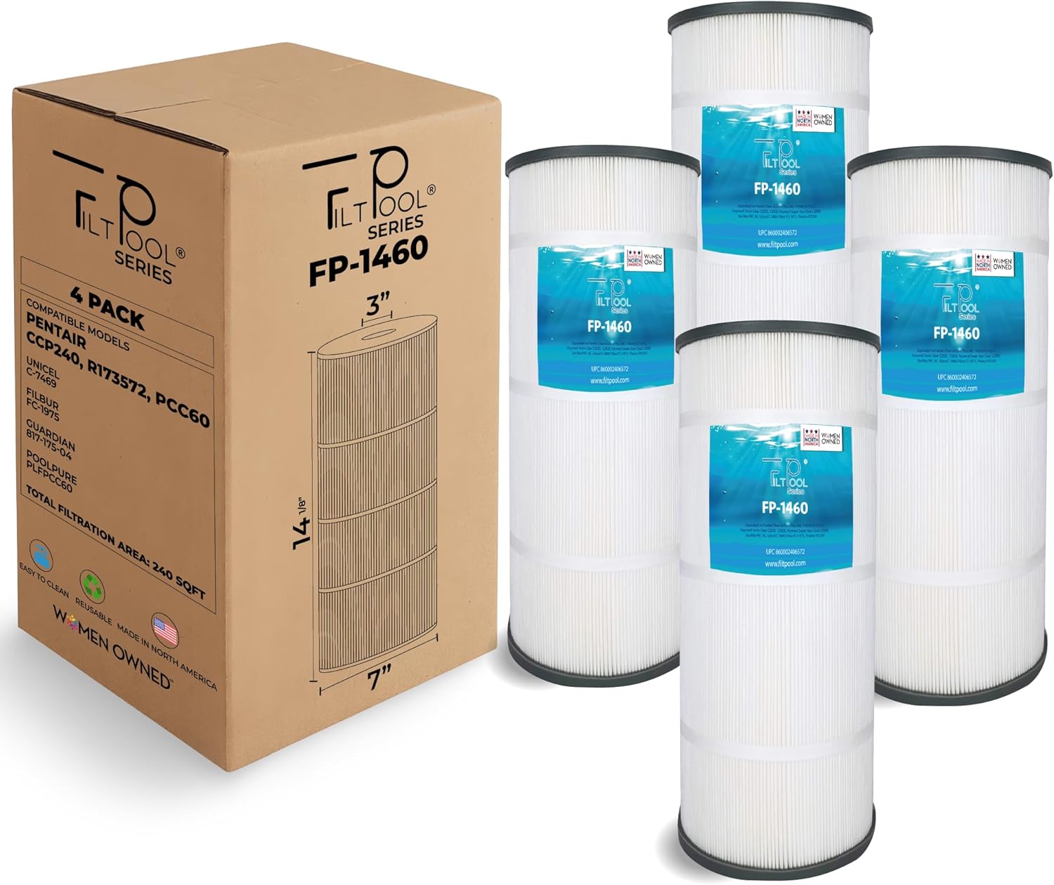FP-1460 - Pool Filter Replacement for Pentair CCP240, R173572, PCC60, Unicel C-7469, Filbur FC-1975, Guardian 817-175-04, PLFPCC60 - Swimming Pool Cartridge Filter System - 4 Pack, 60 SQFT