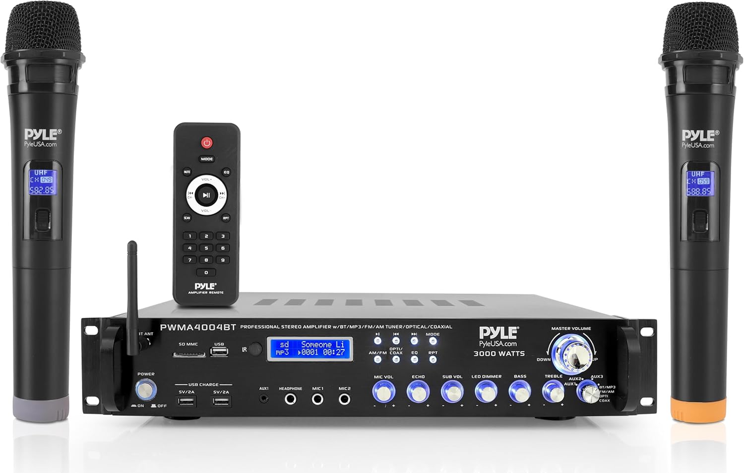 Pyle Bluetooth Multi-Channel Hybrid Pre-Amplifier System - 3000W Home Audio Rack Mount Stereo Power Amplifier Receiver w/ Radio, USB, UHF, Dual Wireless Karaoke mic, Speaker Sound System - PWMA4004BT