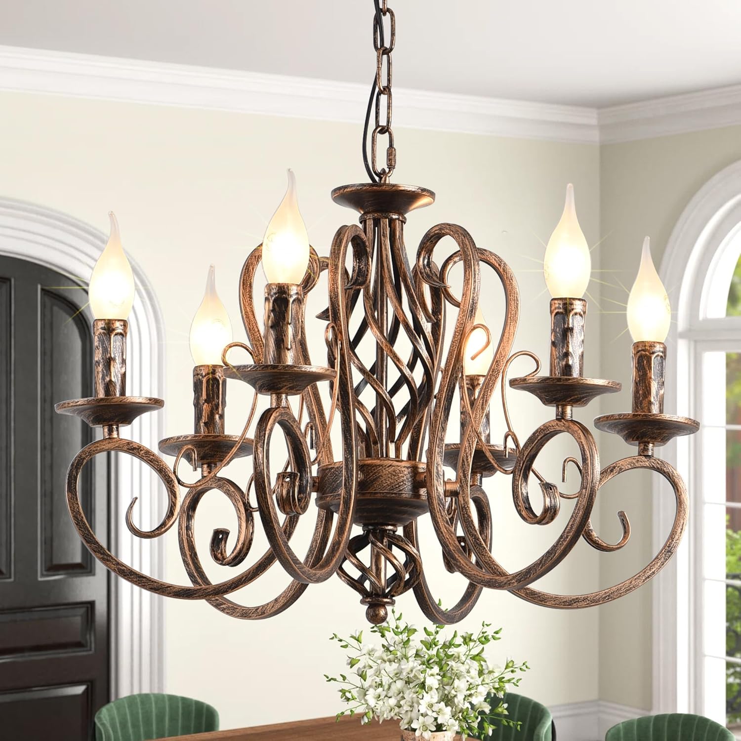 Ganeed French Country Chandeliers,6 Lights Candle Wrought Iron Chandelier,Rustic Farmhouse Pendant Light Fixture Hanging Lighting for Kitchen Island,Dining Room,Living Room,Foryer