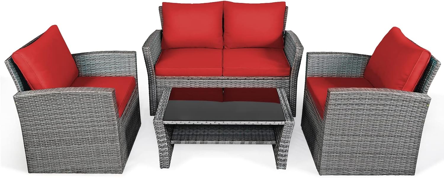 COSTWAY 4 Pieces Patio Rattan Furniture Set, Outdoor Wicker Sofa Set with Tempered Glass Coffee Table, Cushions, All Weather Rattan Conversation Set for Yard Balcony Backyard Pool (Red)