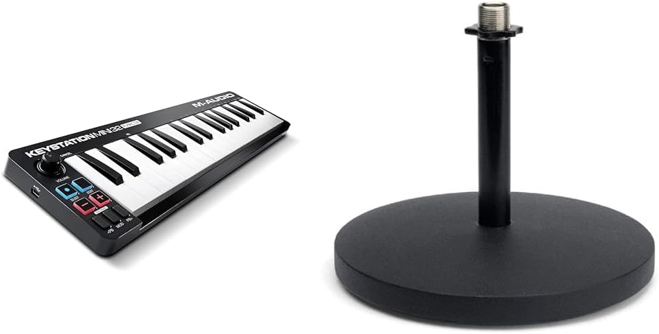 M-Audio Keystation Mini 32 MK3 USB MIDI Keyboard Controller Bundle with 32 Velocity Sensitive Mini Keys, Samson MD5 Desktop Microphone Stand, and MPC Beats Software