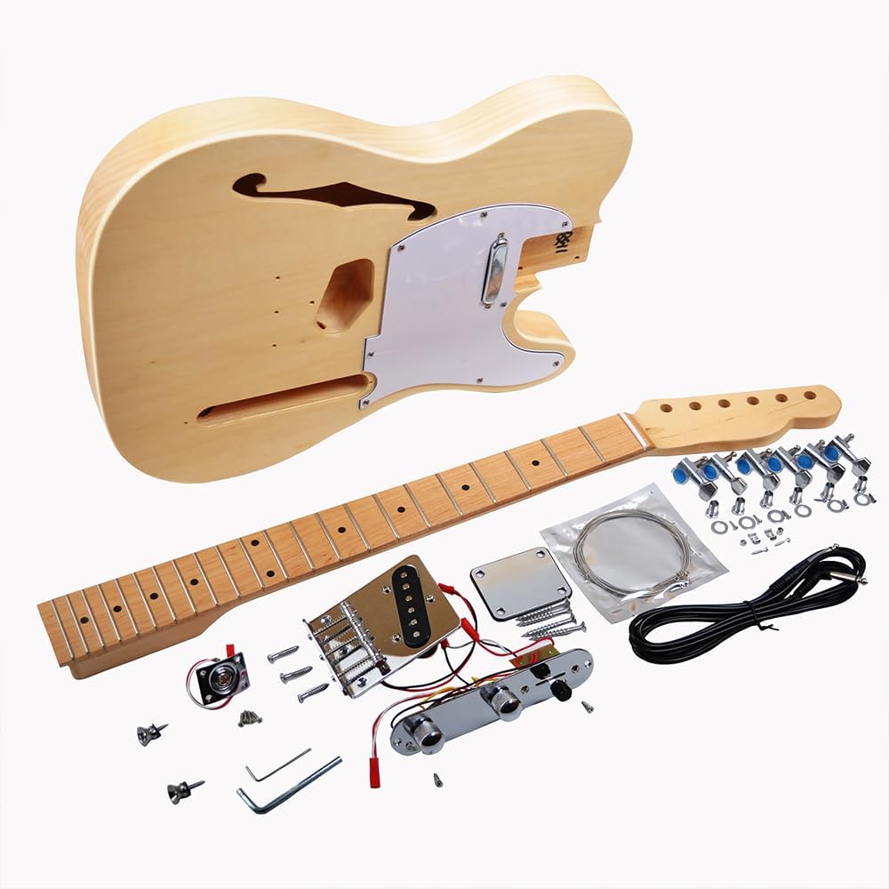 RSW DIY Electric Guitar Kit - Semi-Hollow Body with F-Hole - Pre-Wired Electronics (No Soldering) - Unfinished Basswood T-Style Guitar Building Project for Beginners