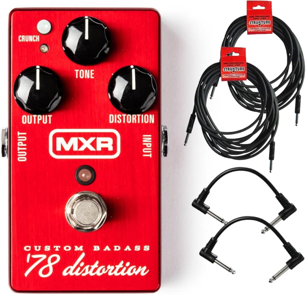 MXR M78 Custom Badass '78 Distortion Pedal - Bundle with 2 Instrument Cables and 2 Patch Cables