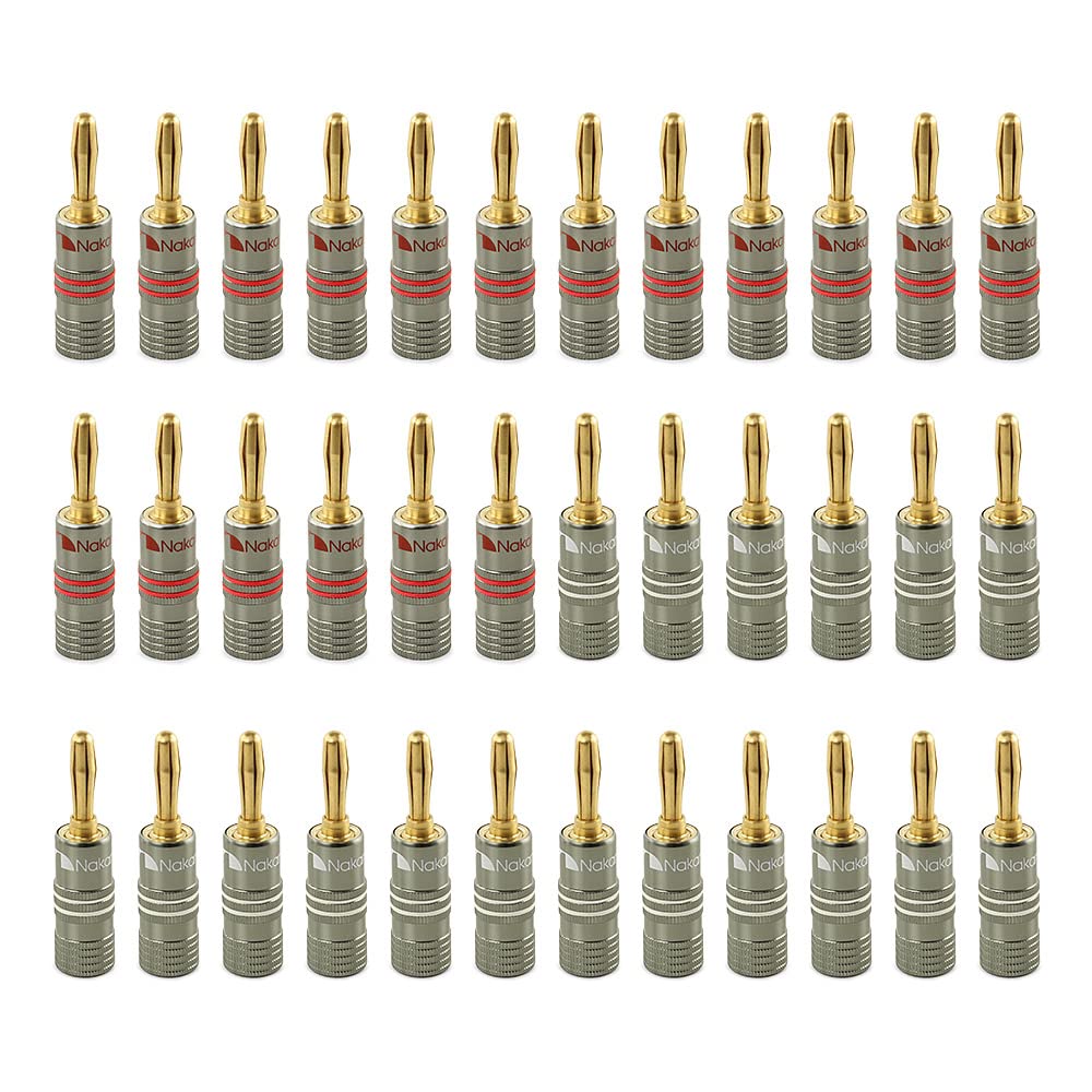 Nakamichi Ultimate Series 24K Gold Plated Beryllium Red Copper Banana Plug 12-18 AWG Gauge Size 4mm Connector for Speakers Wire Amplifiers Hi-Fi Sound Systems (36 Pcs (18-Pairs), Banana Plugs)