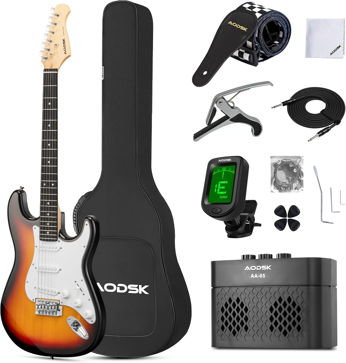 AODSK Electric Guitar with Amp Beginner Kit 39 Inch Solid Body Full Size,All Accessories,Digital Tuner,Six Strings,Four Picks,Tremolo Bar,Strap,Gig Bag,Starter kit (Sunburst-SSS)