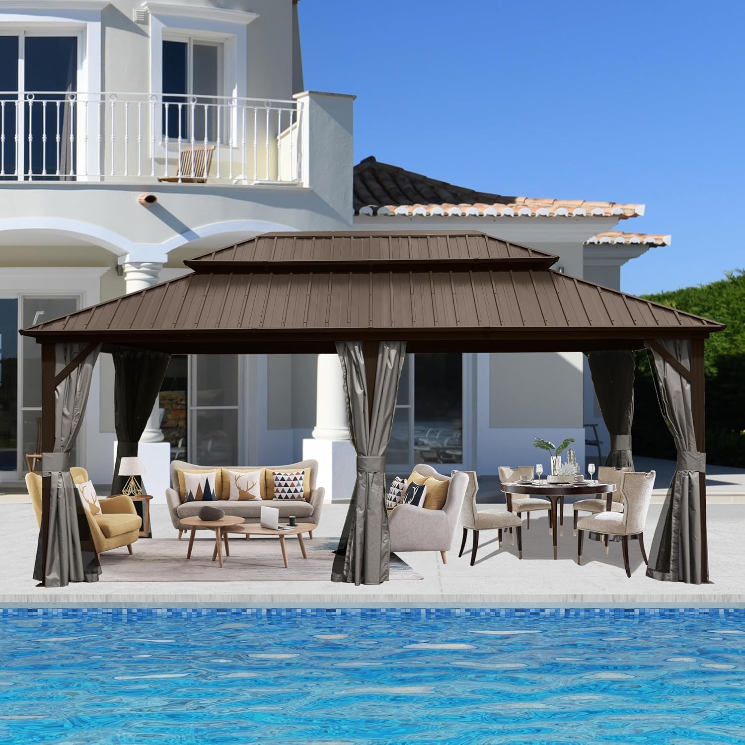 Domi Hardtop Gazebo 12x20FT, Aluminum Outdoor Gazebo with Galvanized Steel Double Roof Canopy, Curtains and Netting Included, Metal Gazebo Permanent Pavilion for Patio, Lawn, Garden, Brown