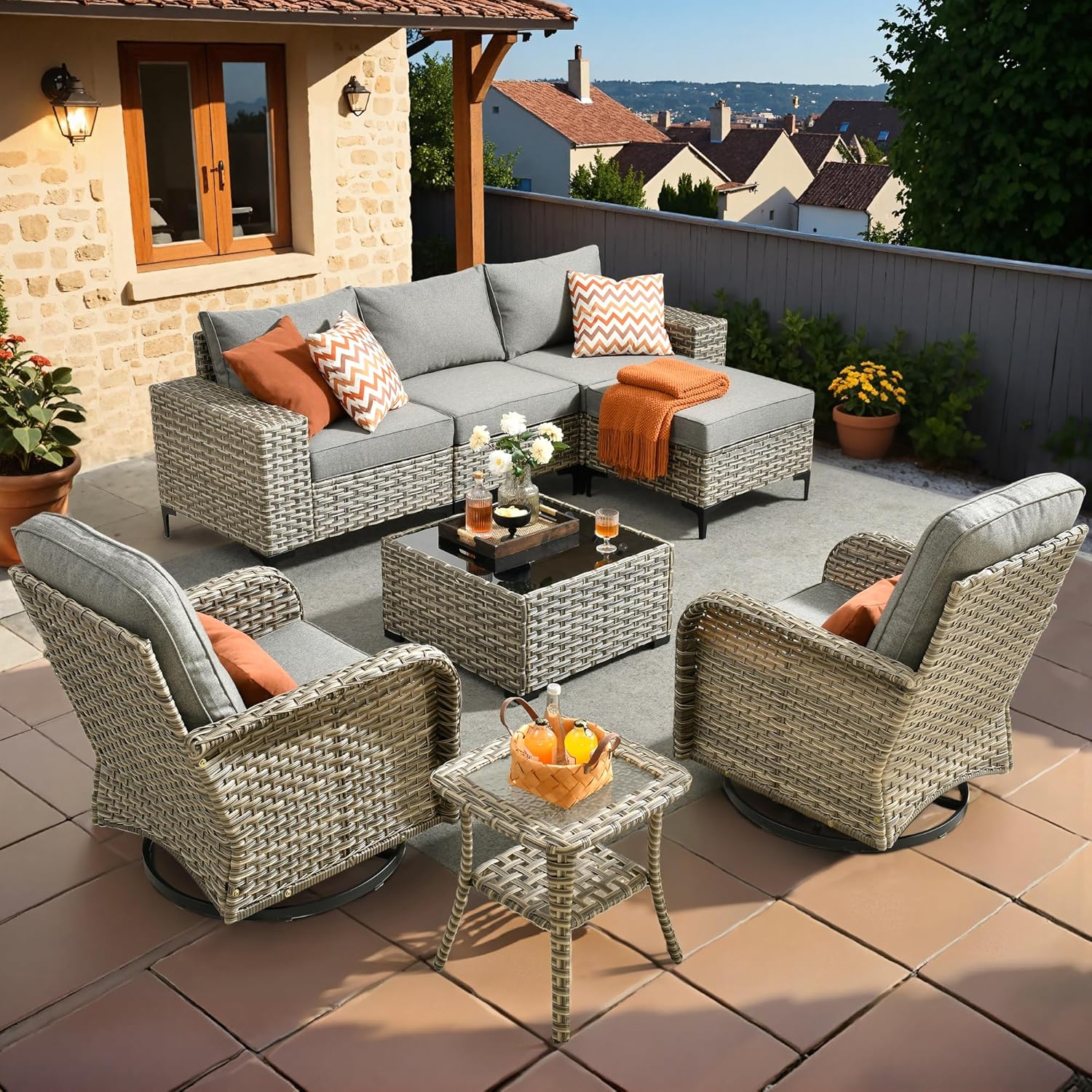 HOOOWOOO Outdoor Sectional Furniture Set,8 Pieces Wicker Patio Conversation Sets,L Shape All Weather Outside Couch Sofa Set with Swivel Chairs Ottoman,Charcoal Gray