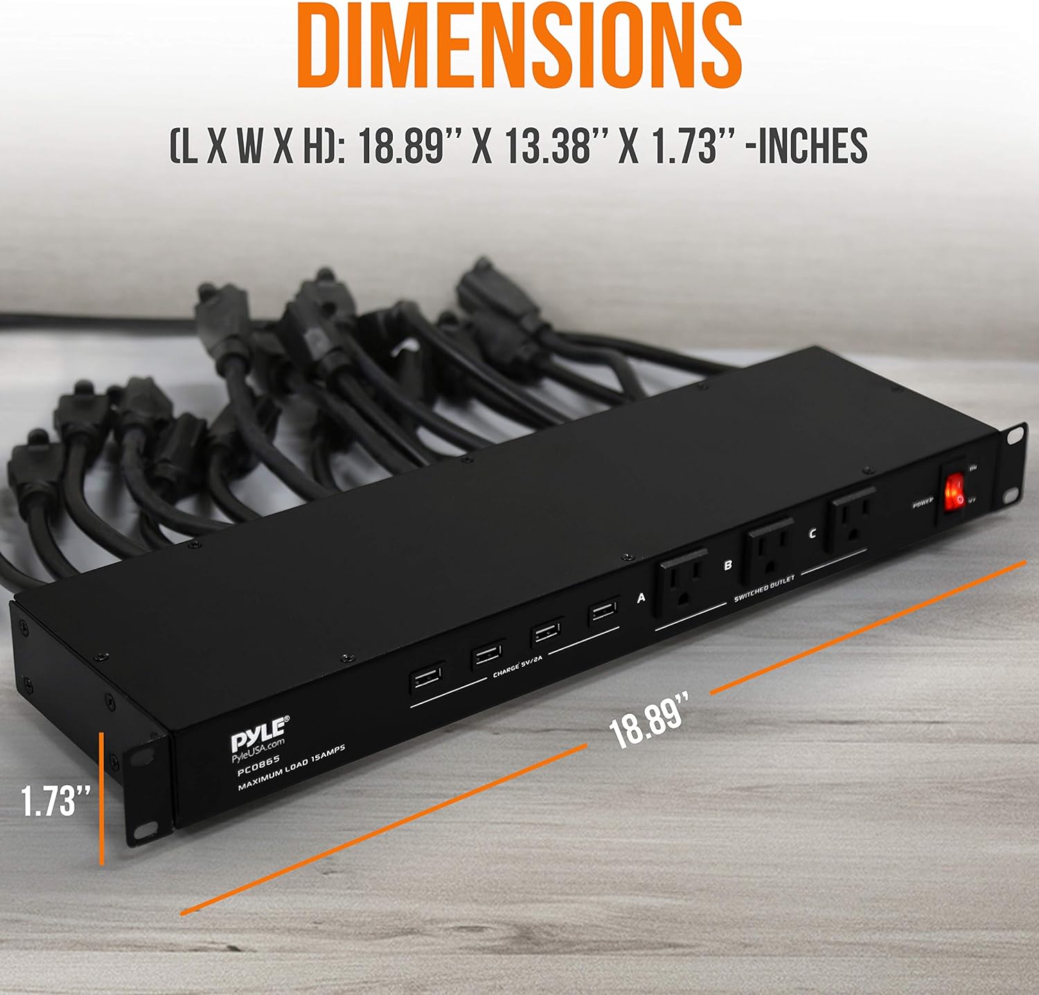 Pyle 19 Outlet 1U Rackmount Power Distribution Unit - Surge Protector - 15 Amp Circuit Breaker - 4 USB Ports - 15FT Cord - Power Supply for Servers, Audio Equipment, Home/Office Use - PCO865