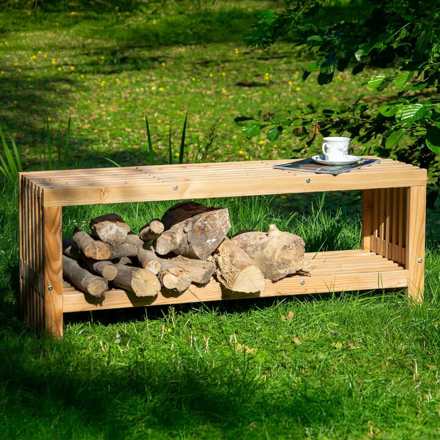 dobar® Green Label Freja 29109FSCe Garden Bench with Firewood Compartment Modern Bench with Storage Space Robust Douglas Fir Wood with Protective Glaze Solid Wooden Bench 115 x 30 x 45 cm Natural