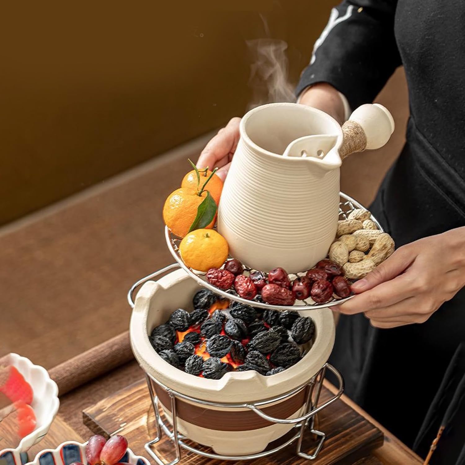 BNEI Ceramic fire Pit, Portable Tabletop fire Pit, Three, Suitable for Winter Heating, Barbecue (Large)