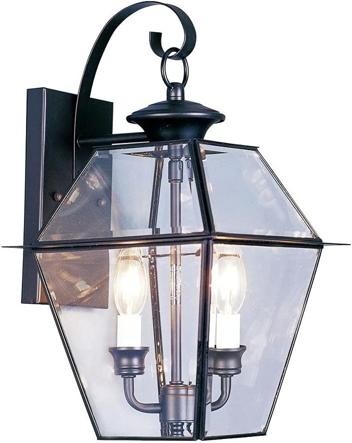 Livex Lighting 2281-04 Westover 2 Light Outdoor Black Finish Solid Brass Wall Lantern with Clear Beveled Glass