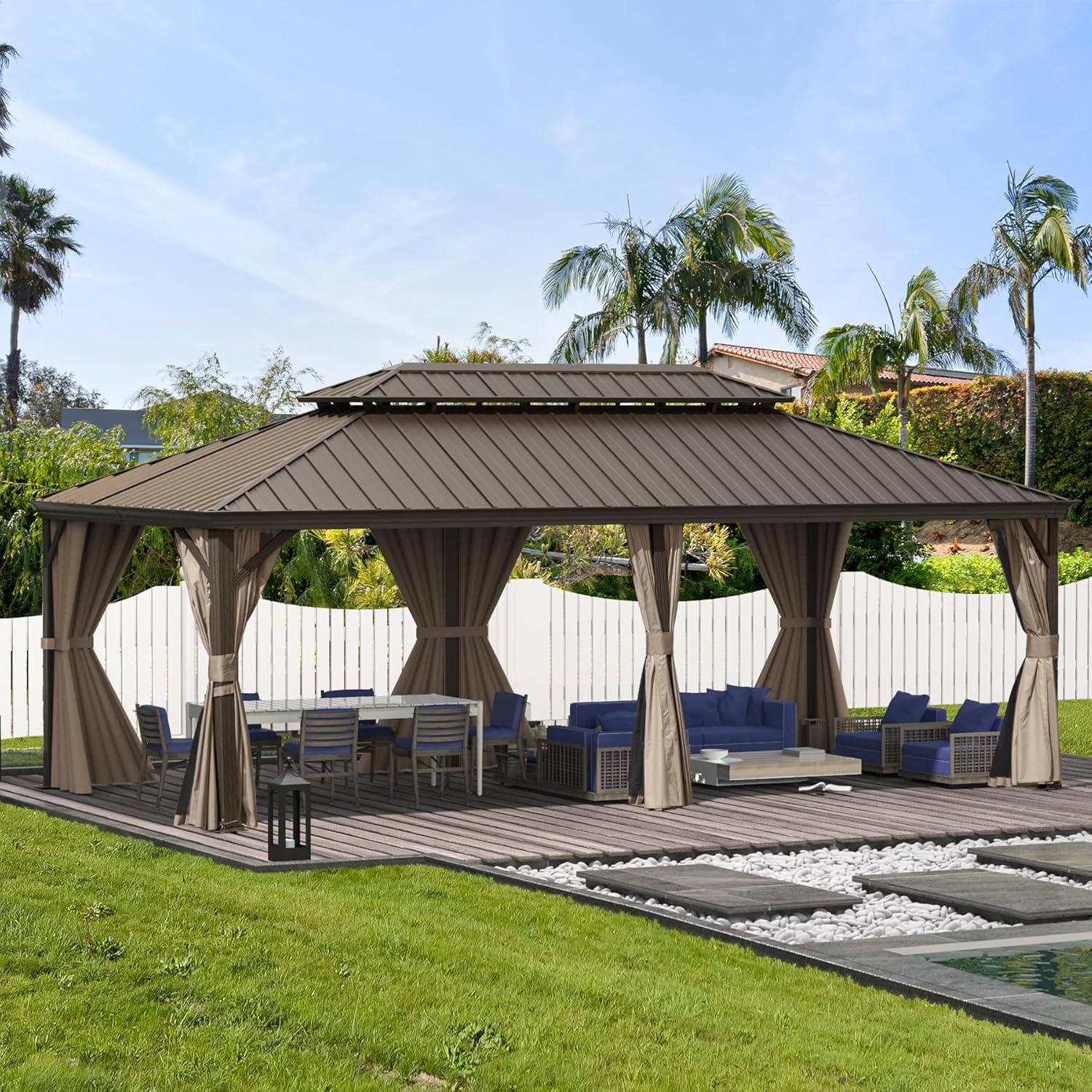 Domi 14'x24' Hardtop Gazebo Canopy,Outdoor Aluminum Gazebo with Galvanized Steel Double Roof,Large Permanent Gazebo Pavilion for Patio Deck Backyard,Curtain and Netting, Dark Brown