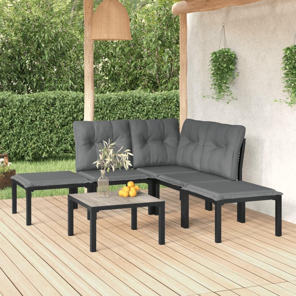 6-Piece Garden Lounge Set, Black Grey PE Rattan Outdoor Patio Furniture with Cushions, Modular Sectional Sofa for Deck, Balcony