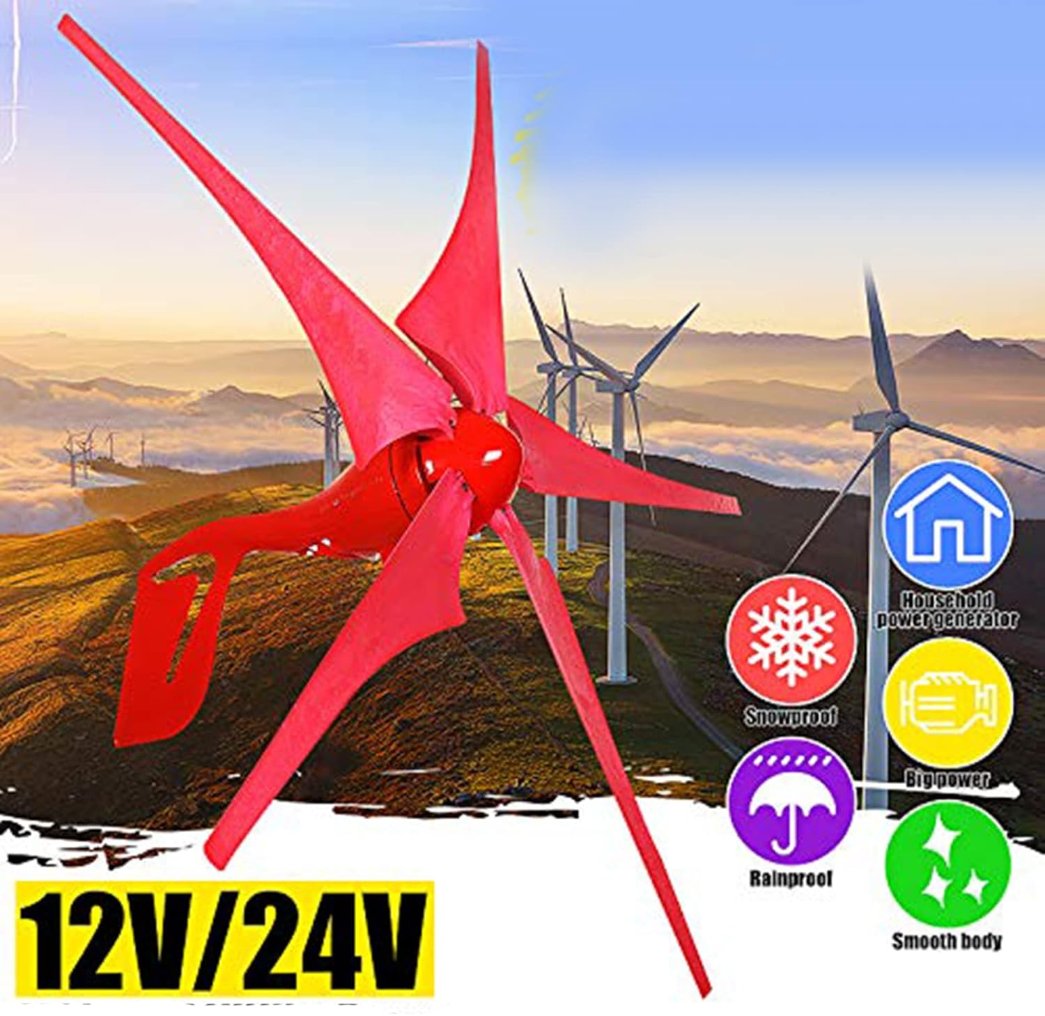 1000W-3000W 12V-48Vportable Vertical Wind Power Turbine Generator Kit, No Noise Vertical Wind Turbine Generator, with Charge Controller for Homeuse Residential(Red)