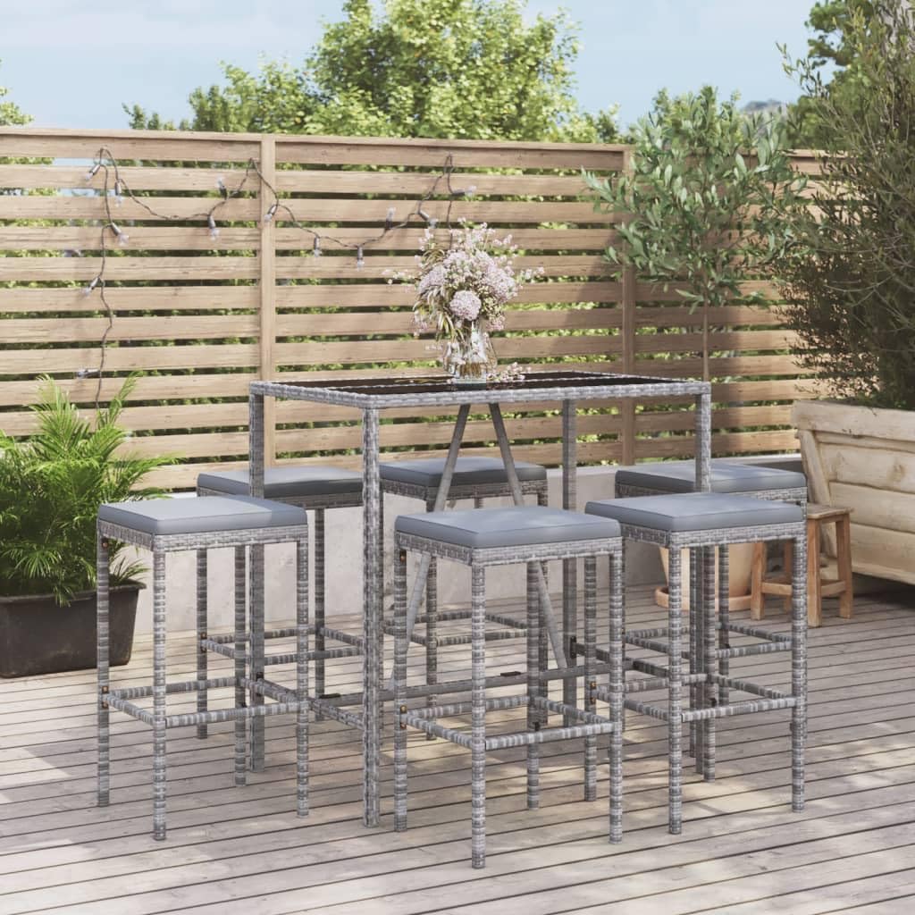 Grey Rattan Garden Bar Set, Powder-Coated Steel Frame, Rectangular Outdoor Table and Chairs, 6-Person Patio Furniture Set for Balcony, Dining, Conservatory