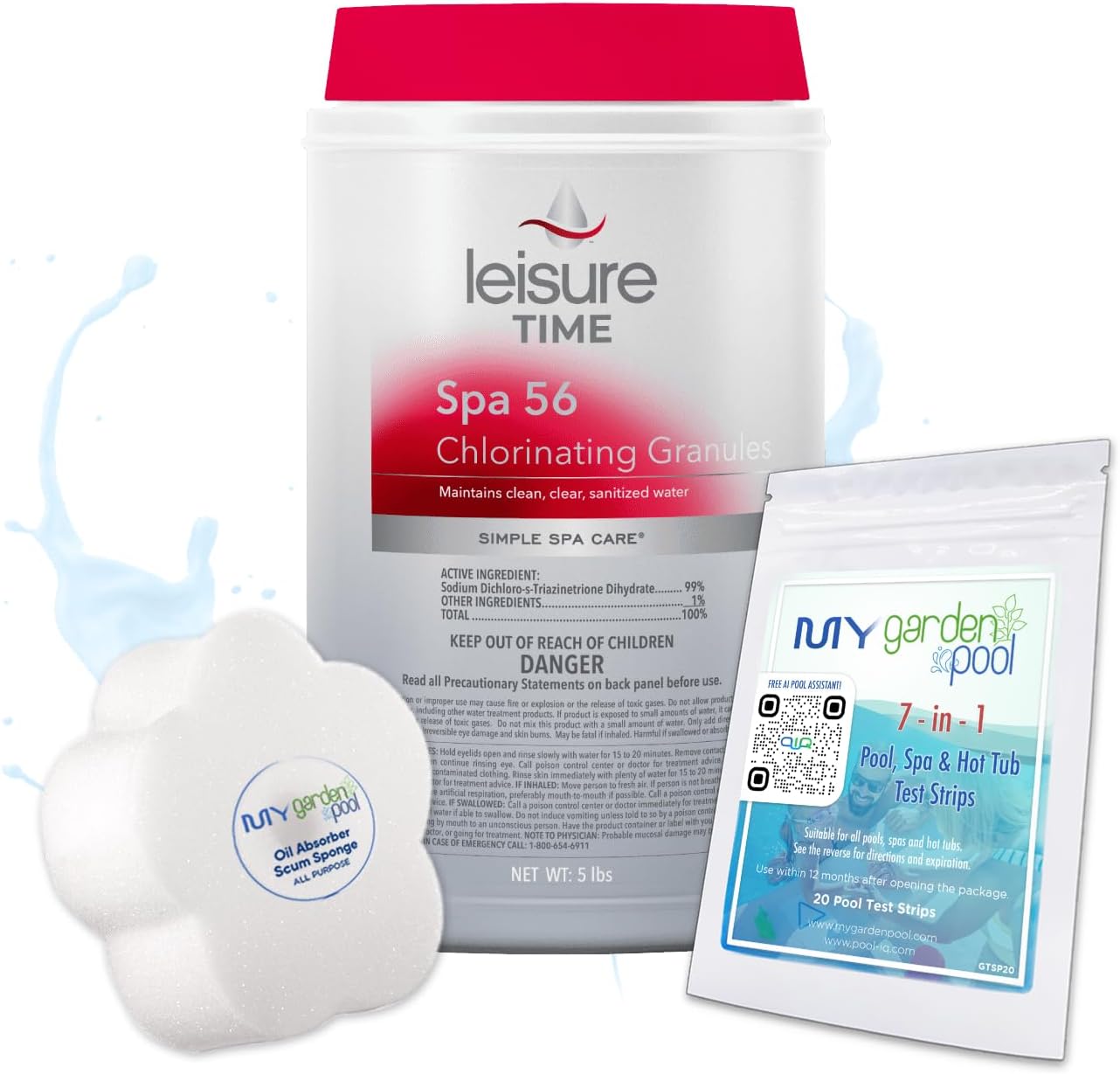 Leisure Time E5 Spa 56 Chlorinating Granules for Spas and Hot Tubs, 5-Pounds with My Garden Pool 20 Ct. Test Strips - 2 Pack