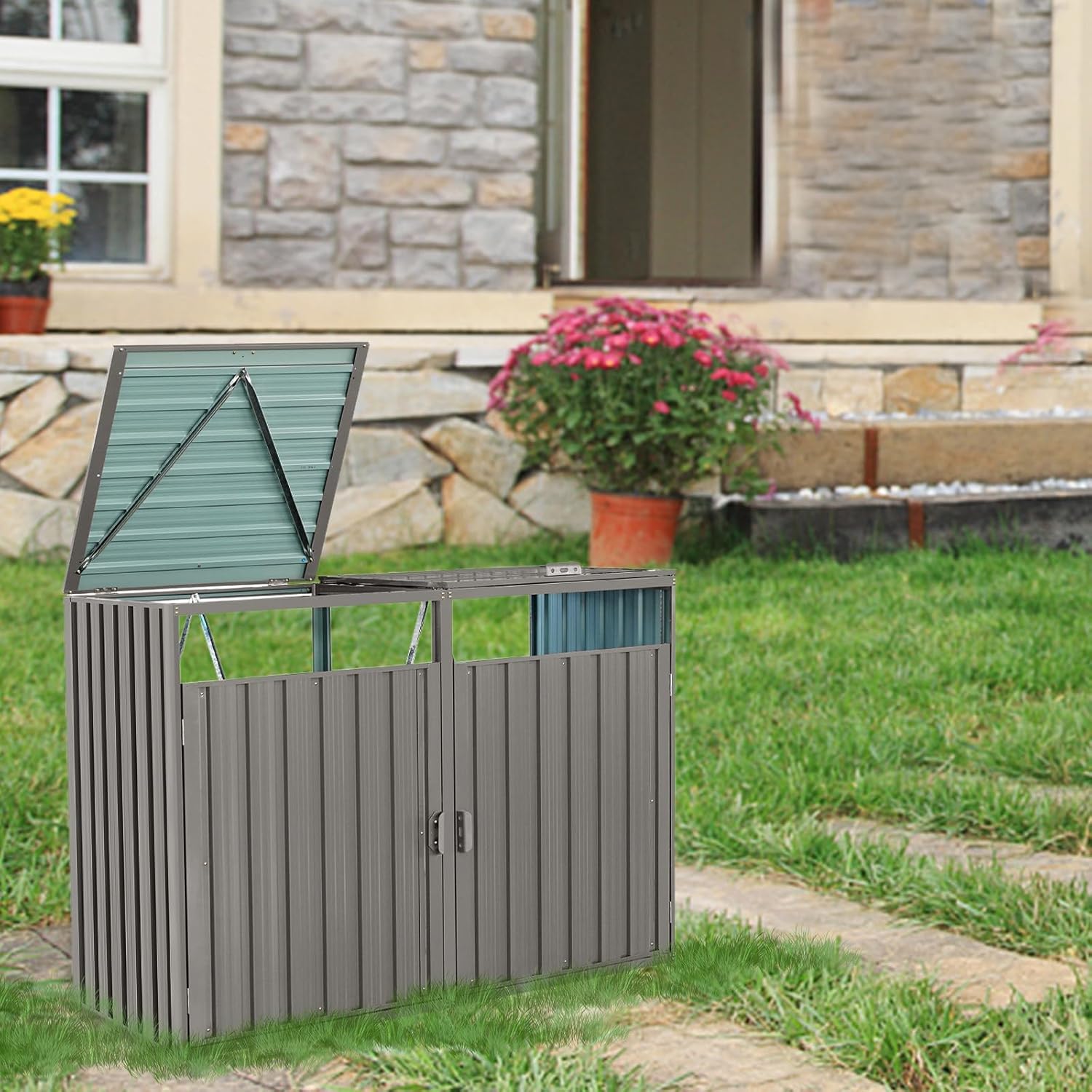 Garbage Bin Shed,Outdoor Trash Can Storage Shed Stores 2 Trash Cans,Metal Outdoor Bin Shed for Garden,Lawn,Yard,Grey