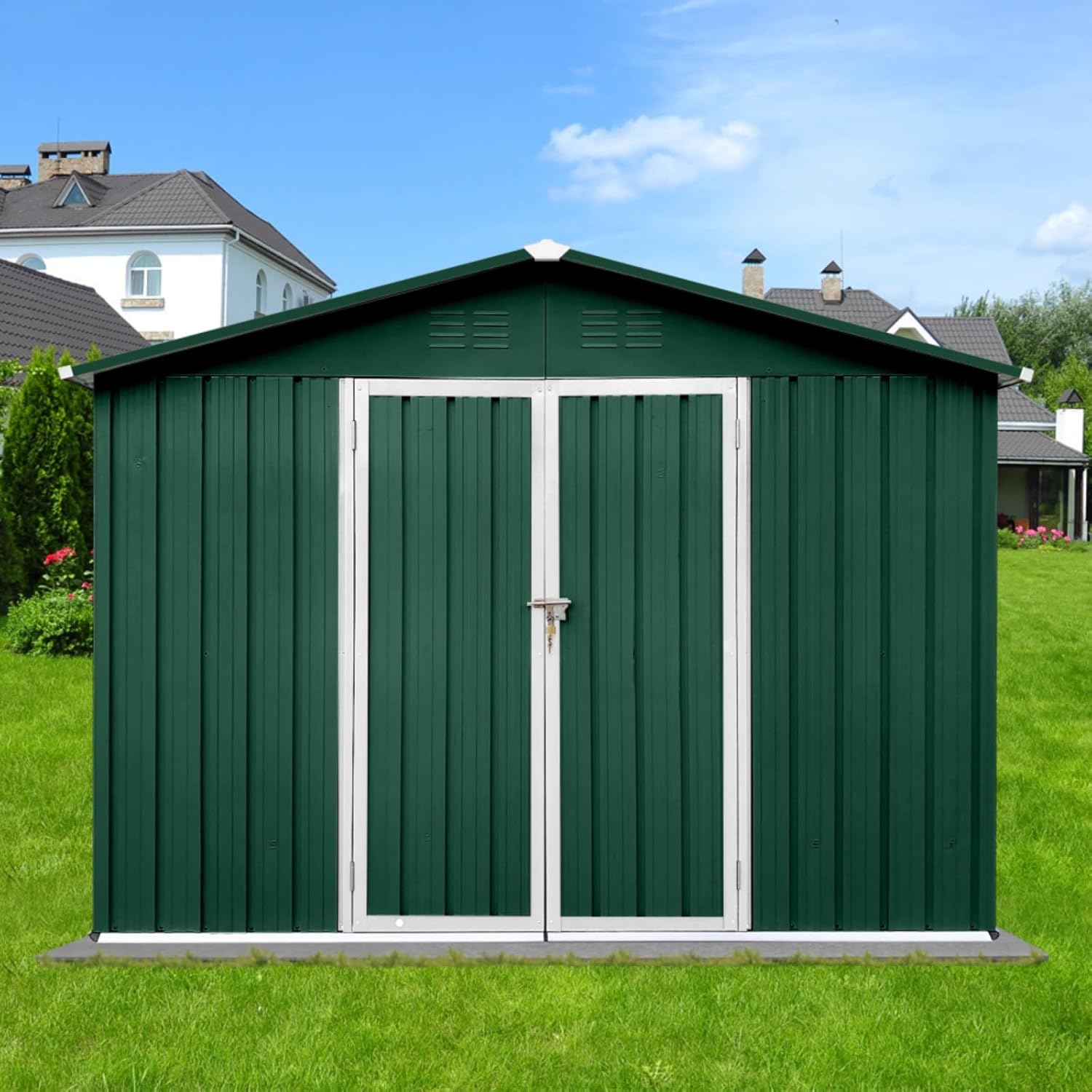 8×10FT Outdoor Metal Storage Sheds for Garden & Backyard, Patio, Lawn, Multi-Functional Garden Shed with Lockable Doors and Vents, Tool House, Dark Gray (Green)