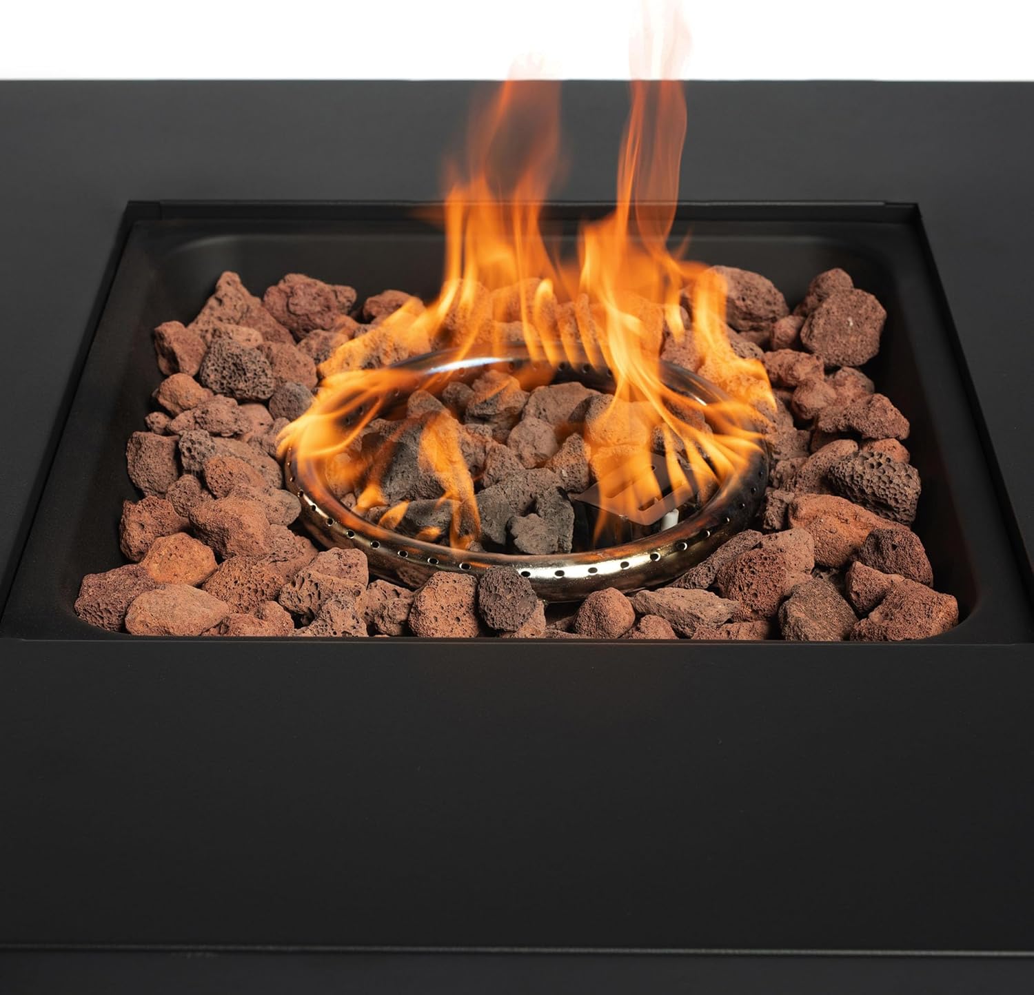 GOWE 40000BTU Square Propane Fire Pit Table Steel Tabletop with Textilene Side Panel, Steel Lid and Rocks