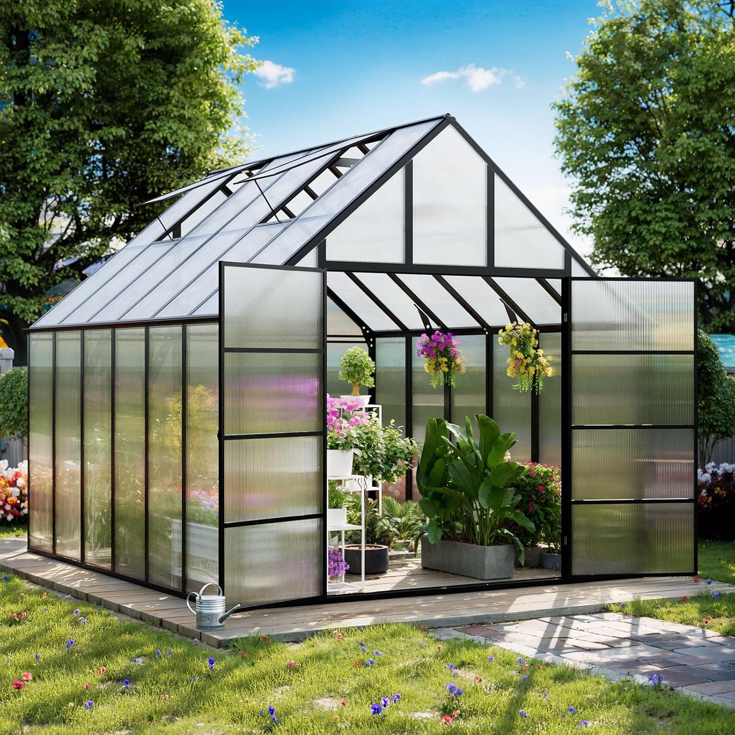 HUSFU Greenhouse, 10x12 FT Polycarbonate Greenhouses for Outdoors w/2 Vent Windows,Swing Door Walk-in Large Greenhouse Sunroom Aluminum for Garden Backyard,Easy Assembly,Black