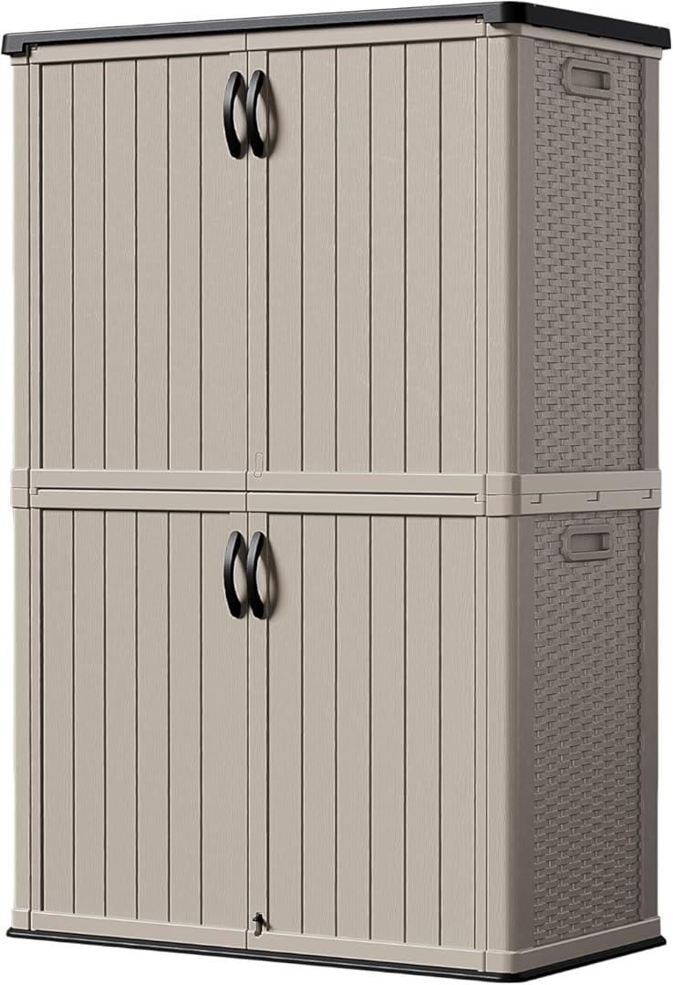 Devoko Outdoor Storage Cabinet 50 Cu Ft with Lockable Doors, Vertical Storage Shed Waterproof Patio Tools Storage Box for Sofa Cushions, Gardening Tools and Accessories (Beige)
