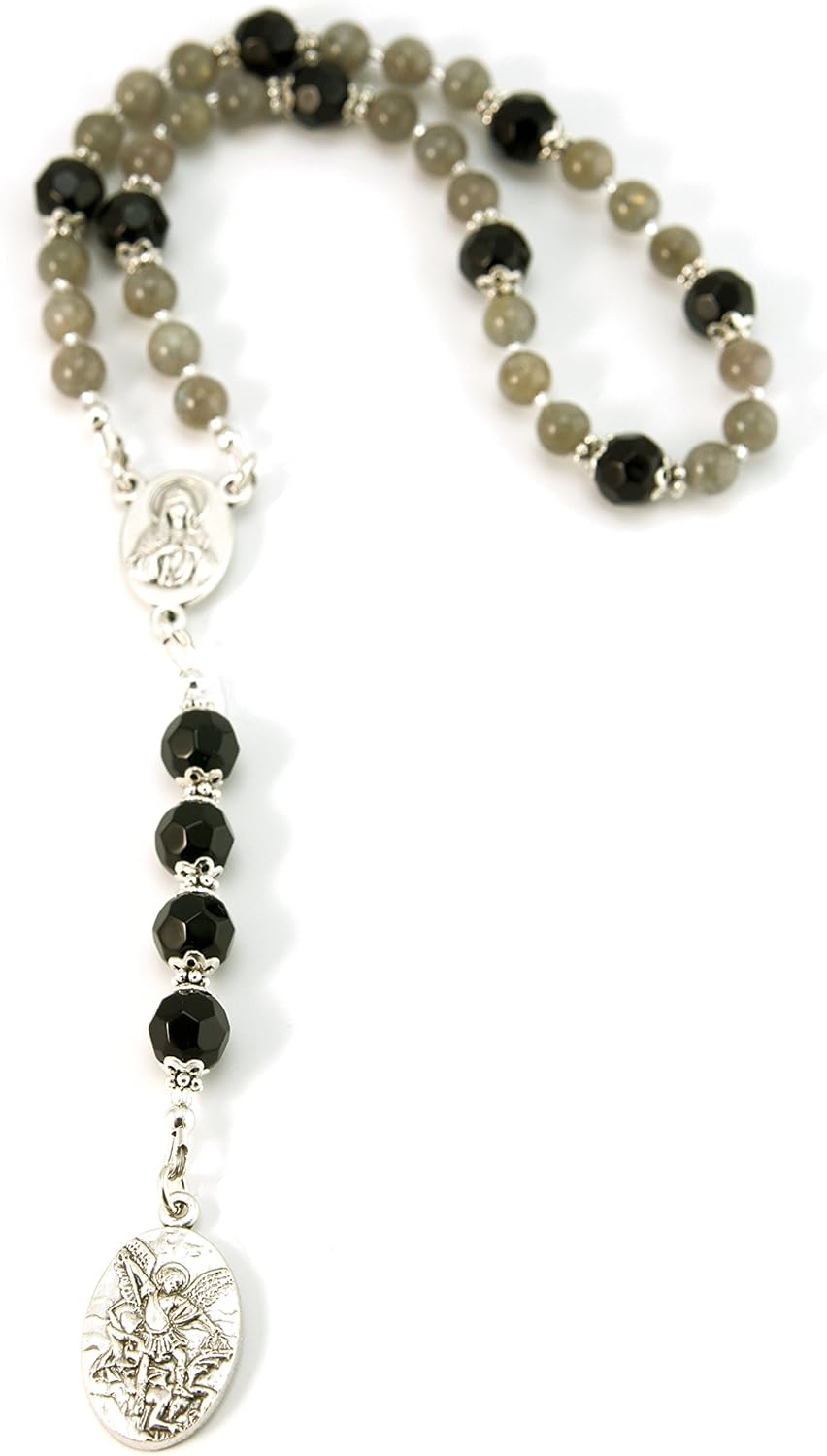 AWEHIRU Silver Inches Catholic Prayer Beads St Michael Protector Small Chaplet Labradorite Gemstone Blessed with Anointing Oil
