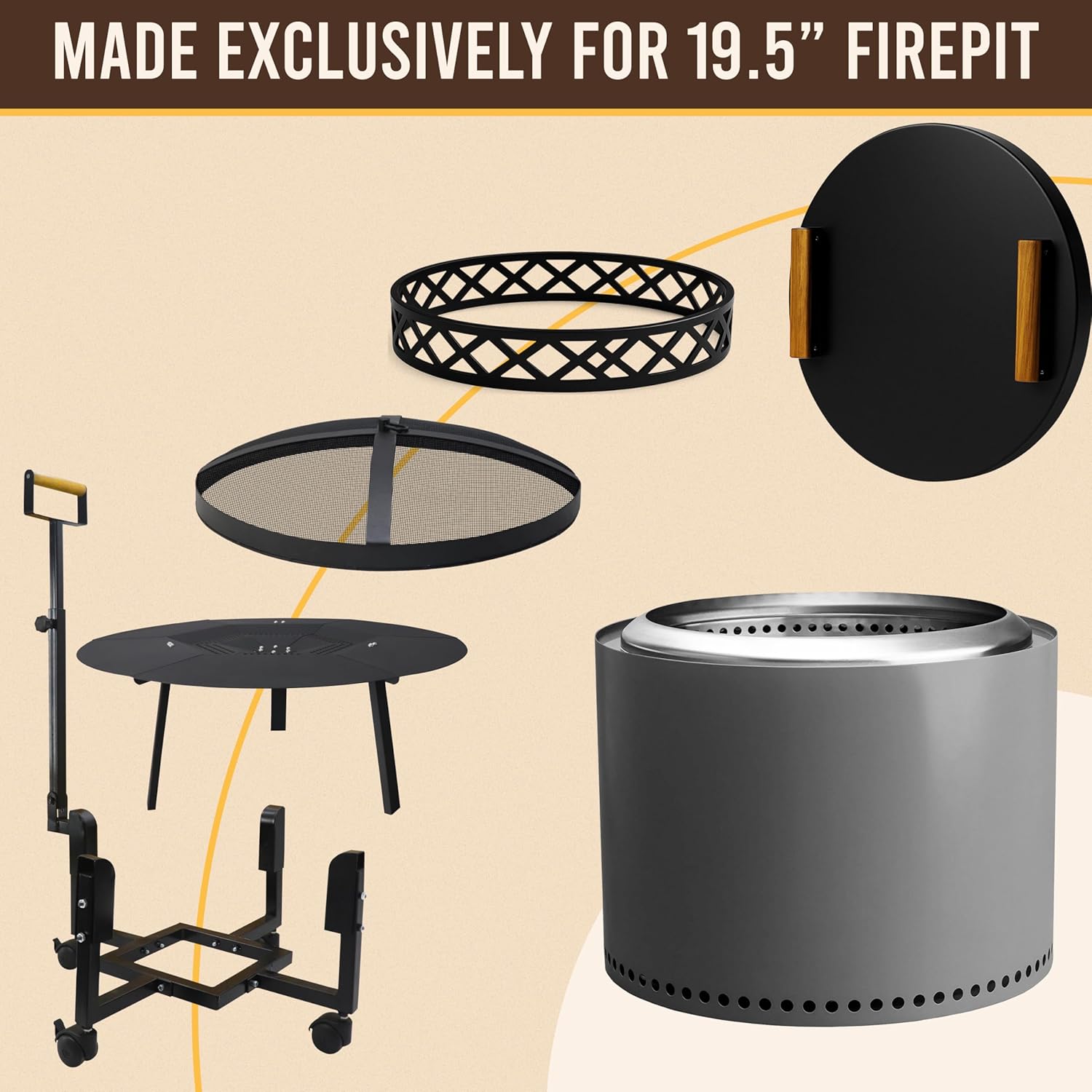 FEBTECH Spark Screen, Heat Deflector, Firepit Lid, Trolley Stand and Base Ring Combo - Compatible with Solostove Bonfire and Other 19.5