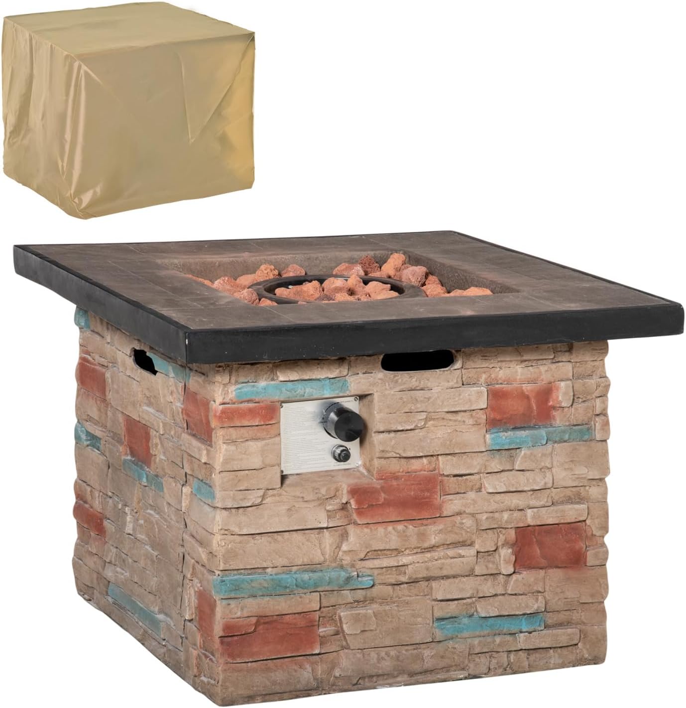 32 Inch Square Fire Pit Table - Rustic Stone Look, 50,000 BTU Auto-Ignition, Built-in Propane Tank Storage, Includes Lava Rocks & Cover