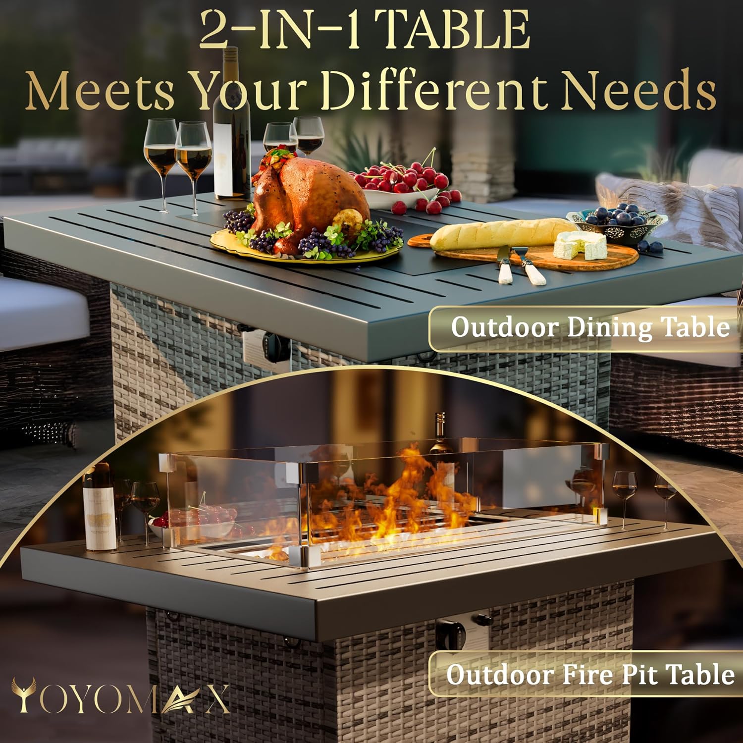 Yoyomax Hand Weave Rattan Propane Fire Pit Table 44-Inch Aluminum Tabletop and Frame, 60,000 BTU Adjustable Flame, Glass Wind & Waterproof Cover & Fire Beads, Idea for Patio, Garden, Resto Hotel