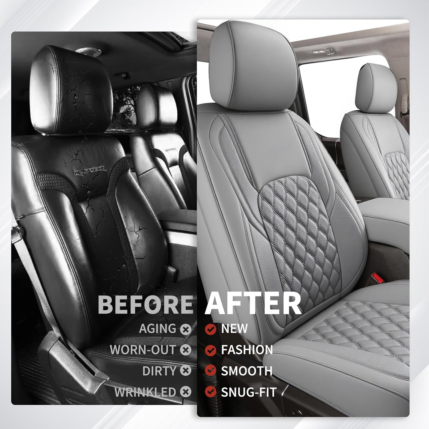 Huidasource Tacoma Front&Back Seat Covers, Gray Leather Car Seat Cushion Cover Accessories Fit for 2016-2023 Double & Crew Cab Toyota Tacoma SR SR5 Limited TRD Sport/Pro/Off Road(Full Set/Gray)