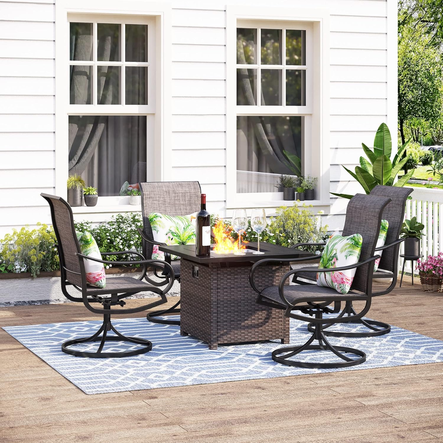 MFSTUDIO 32 Inch PE Rattan Gas Fire Pit Table,50000 BTU Square Outdoor Propane Fire Pit Table with Waterproof Cover and Blue Stone for Patio Courtyard Balcony,Brown