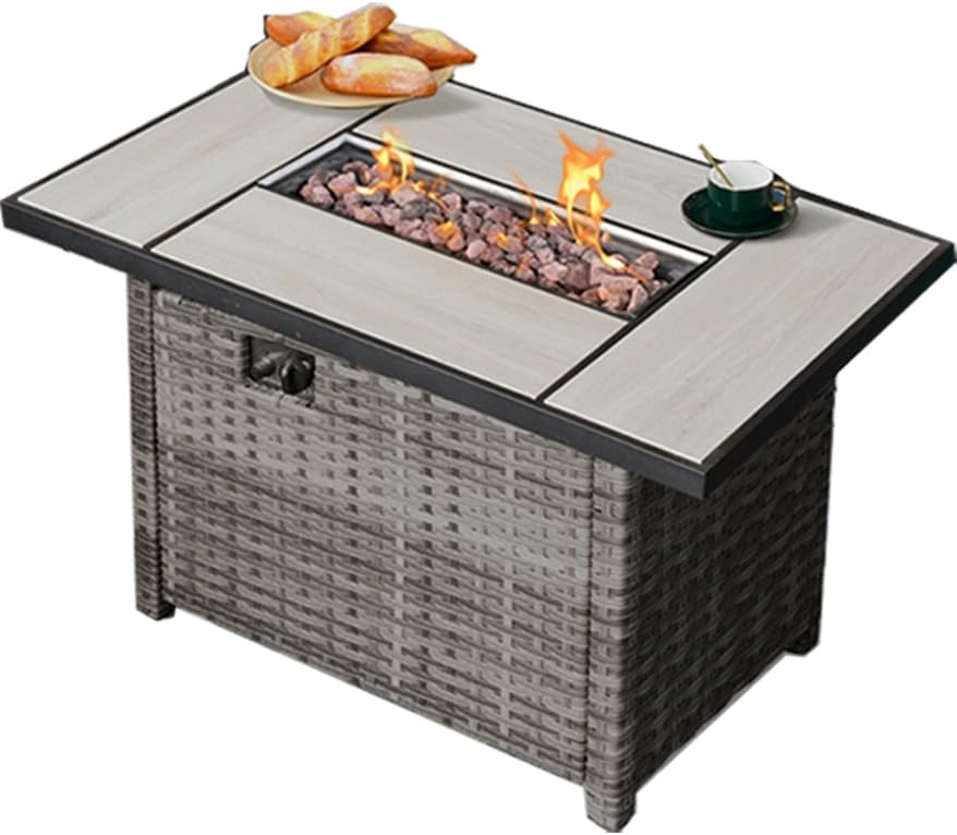 HOOOWOOO Rectangular Outdoor Fire Table 50,000 BTU Propane Patio Fire Pit Table Outside Firepit for Matching Gray Wicker Patio Conversation Set
