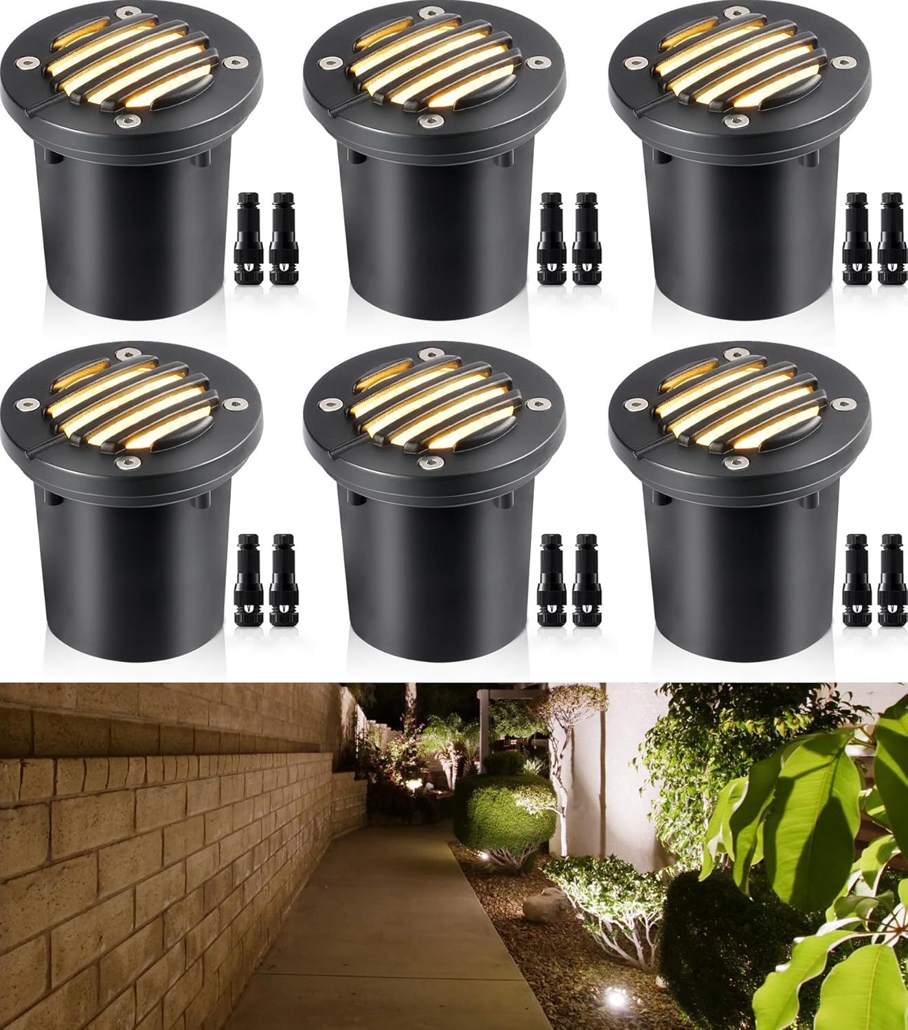 SUNVIE 12W Low Voltage Landscape Lighting Anti-Glare LED Well Lights(Grated Top) 12V-24V Waterproof Outdoor In-Ground Lights 3000K Landscape Lighting for Garden Yard Pathway 6 Pack with Connectors
