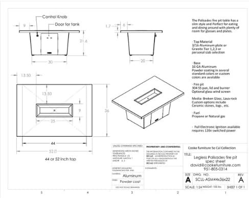 COOKE Palisades Rectangular Fire Pit Table - 44x36 - Chat Height - Propane - Brushed Aluminum Top with 3cm Edge - Beige Powdercoat Base