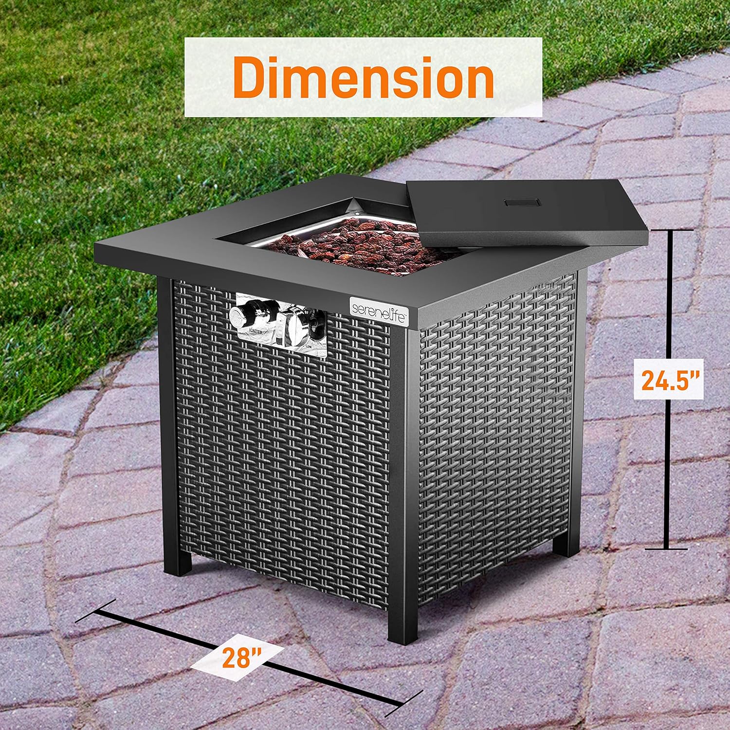 SereneLife Outdoor Propane Fire Pit Table - 40,000 BTU Square Gas Fire Table with Steel Top, Rattan-Style Panels, 6.6 lbs Lava Rock Set, Pulse Ignition for Patio & Backyard Heating, 28 x 28 x 24 in