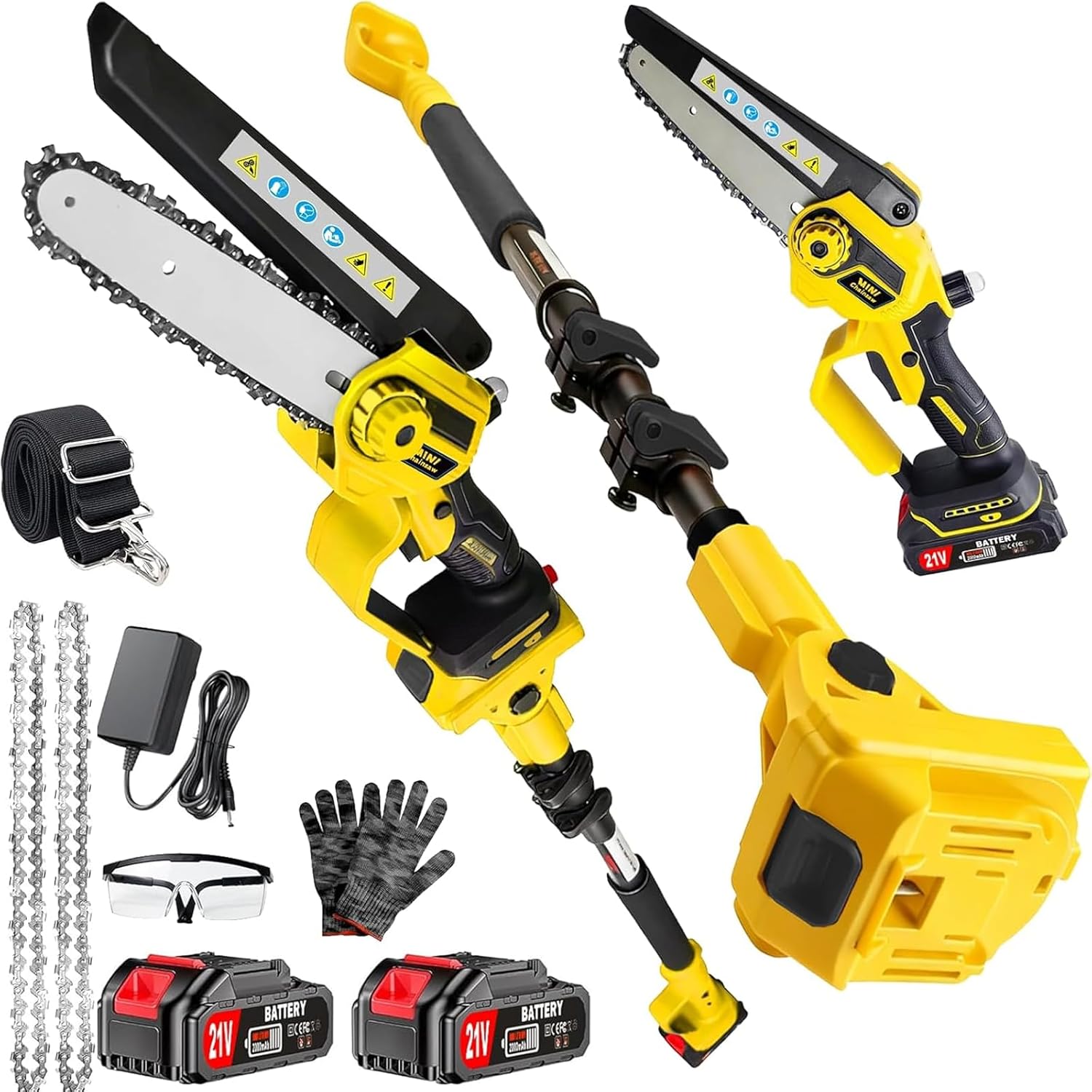 2-in-1 Electric Pole Saws for Tree Trimming, 6 Inch Mini Chainsaw Cordless with Extension Pole & 2Pcs Battery Powered, 16 Feet Electric Pole Chainsaw, Tree Trimmer Limb Branch Cutter Pruner-Yellow