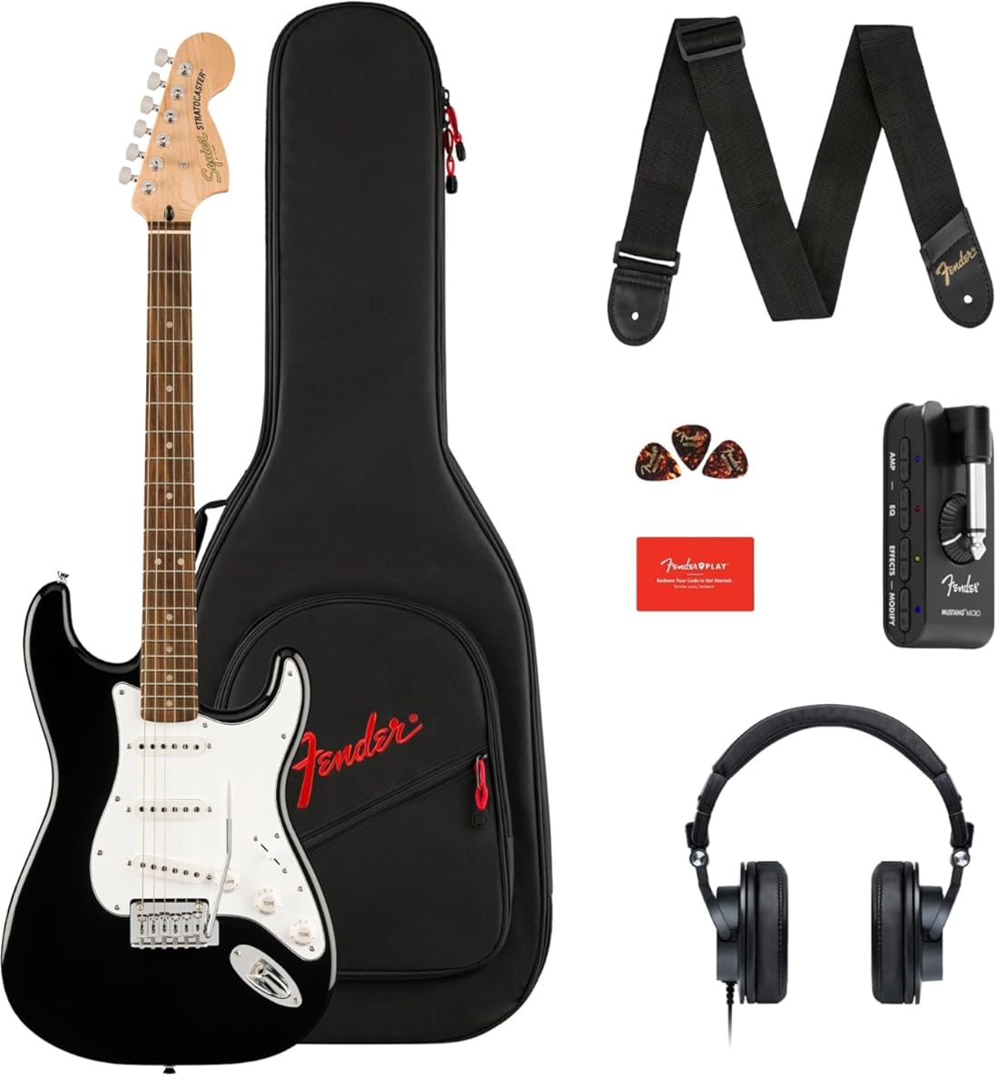 Fender Affinity Series Stratocaster Mustang Micro Pack, Laurel Fingerboard, Black, Gig Bag, HD9, US, CA, EU, AU, JP