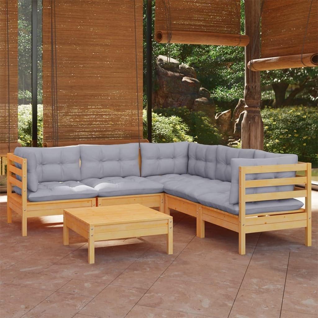 6 Piece Patio Lounge Set with Gray Cushions Solid Pinewood,Patio Lounge Set with Modular Sofa, WeatherResistant Pinewood, Comfortable & Durable Patio Furniture, Outdoor Furniture Sets