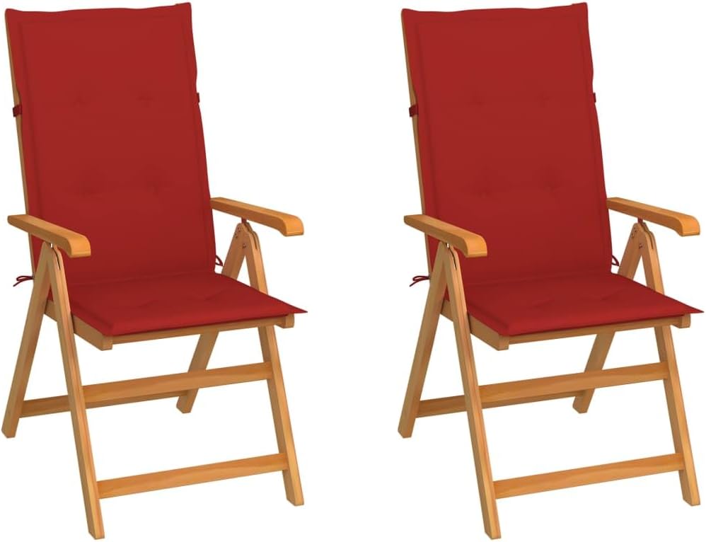 Patio Chairs 2 pcs with Red Cushions Solid Teak Wood Outdoor Furniture, Outdoor Chairs