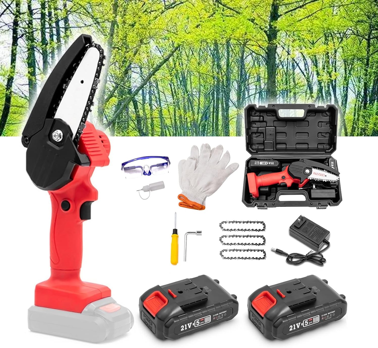 Mini Chainsaw, Portable Handheld Chainsaw 4-Inch with Security Lock,Power Chain saws with 1500mAh 21V 1.5Ah 2 Batteries Powered Kit and 4Pcs Chains,for Tree Trimming Branch Wood Cutting