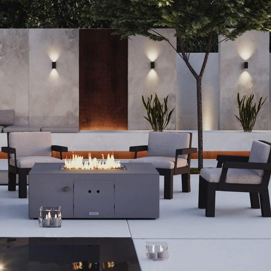 COOKE Costa Mesa Custom Rectangular Fire Pit Table (Brushed Aluminum Top, Beige Base - Natural Gas)