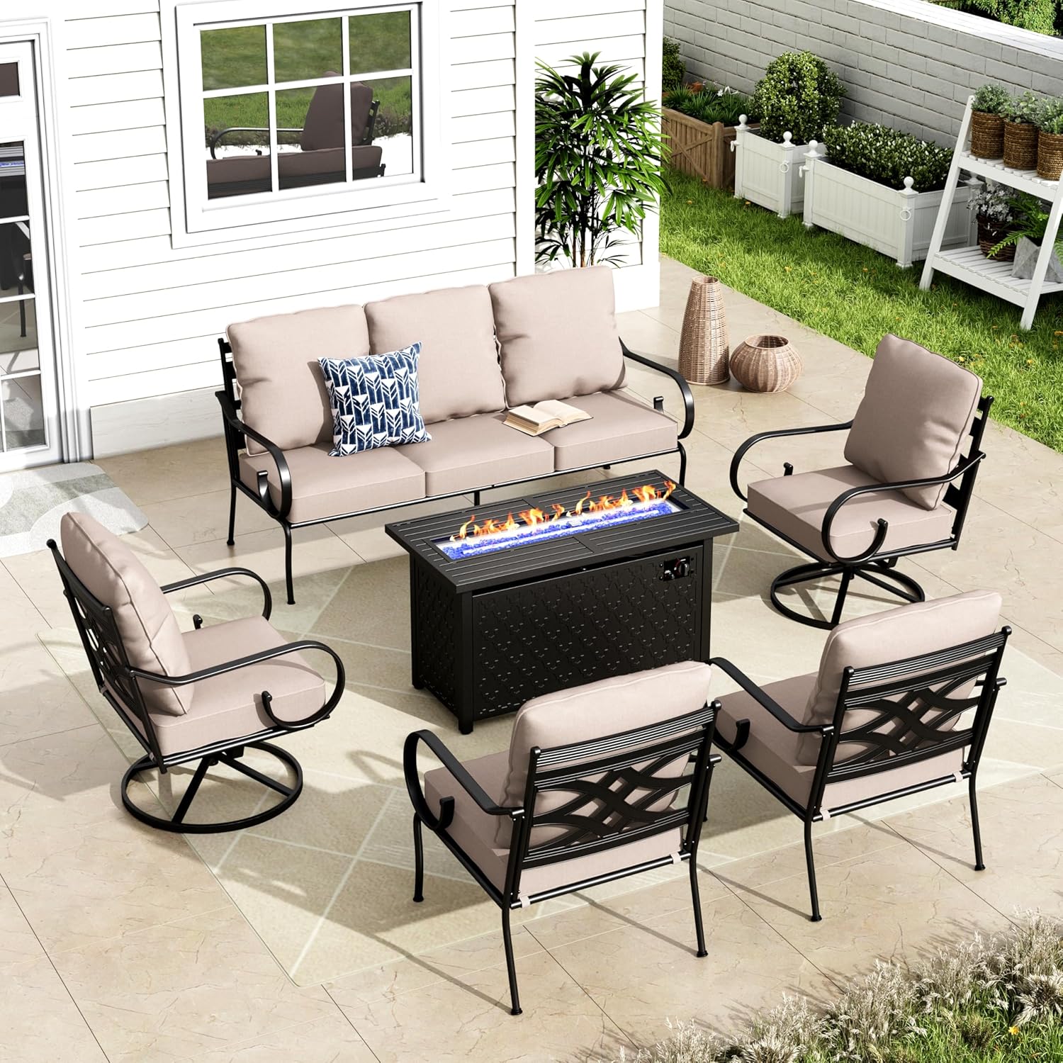 MFSTUDIO 7 Seats Metal Patio Furniture Sets, 6 Pieces Outdoor Sectional Sofa Conversation Set with 2 x Swivel Chairs, 2 x Fixed Chairs, 1 x 3-seat Sofa and 1 x 45 inches Rectangular Fire Pit Table
