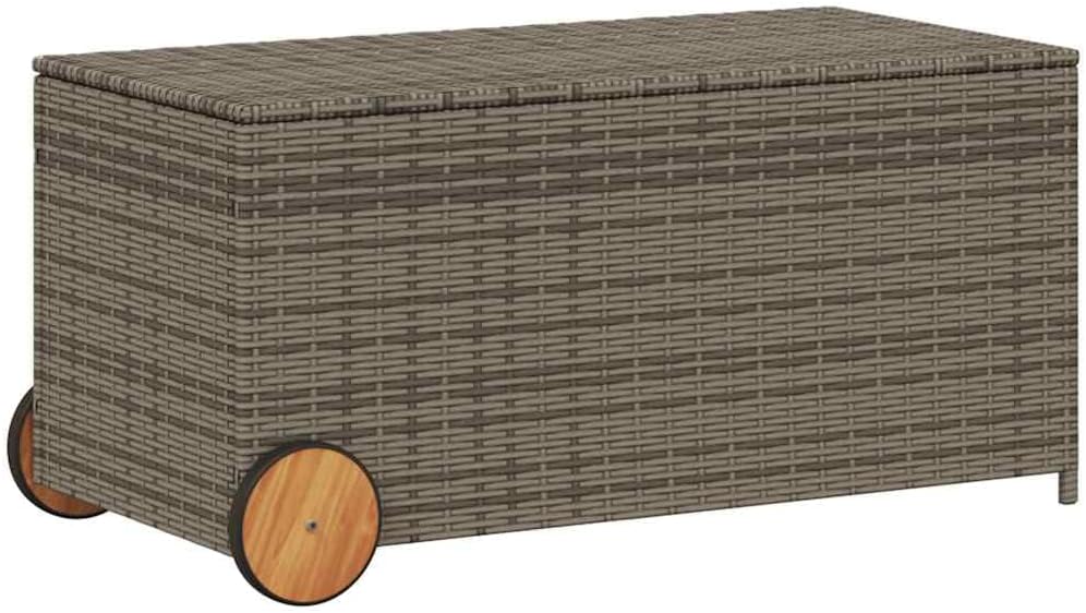 vidaXL Gray Poly Rattan Garden Storage Box with Wheels-50.2 Gal Capacity, Water- Bag, Steel Frame, Outdoor/Patio Furniture Storage