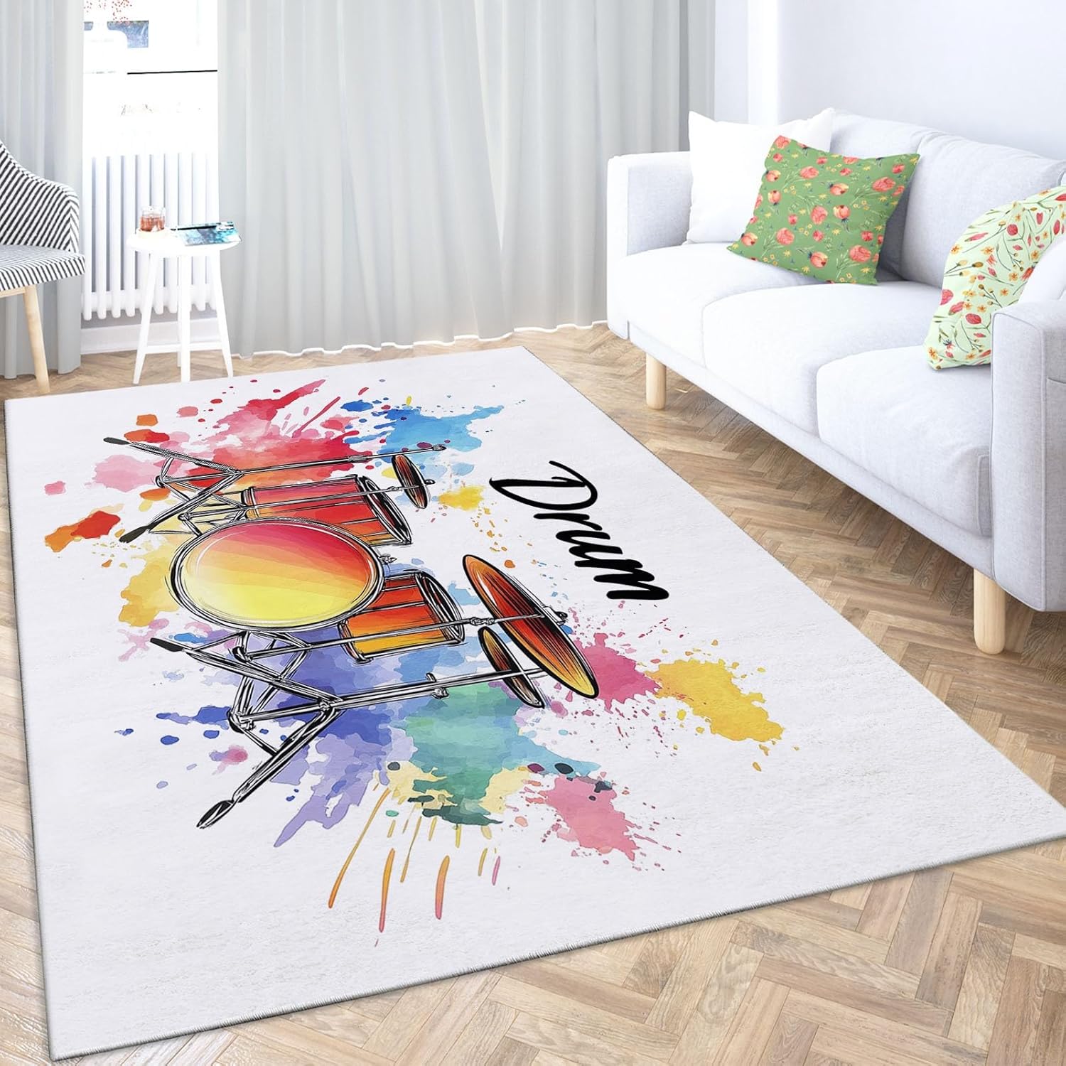 Music Instrument Drum Machine Washable Area Rugs for Living Room, 5 X 8 Ft Large Low Pile Carpet with Non-Slip Backing, for Bedroom Kids Nurser Office Entryway Dining Room, Graffiti