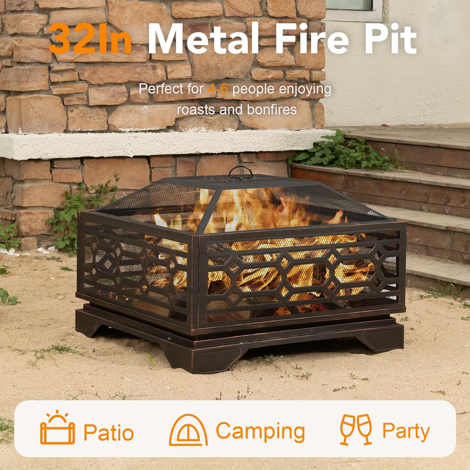 Outdoor Fire Pit, 32 Inch Wood Burning Firepit for Outside with Mesh Cover & Fire Poker, Large Square Metal Fireplace for Patio, Backyard, Garden, Bonfire Party