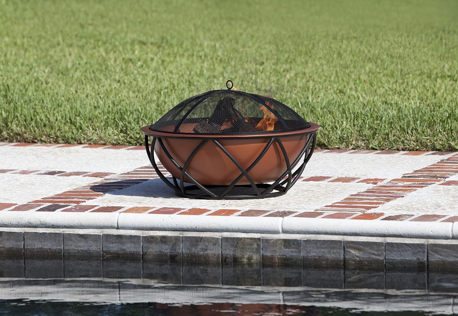 Fire Sense 62241 Fire Pit Barzelonia Copper-Look Wood Burning Lightweight Portable Outdoor Firepit Backyard Fireplace Camping Bonfire Included Screen Lift Tool & Cooking Grate - Round - 26
